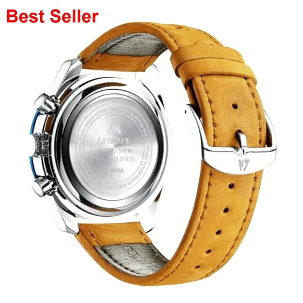 Leather Analog Quartz Watch with Date, Luminous, 30M Waterproof
